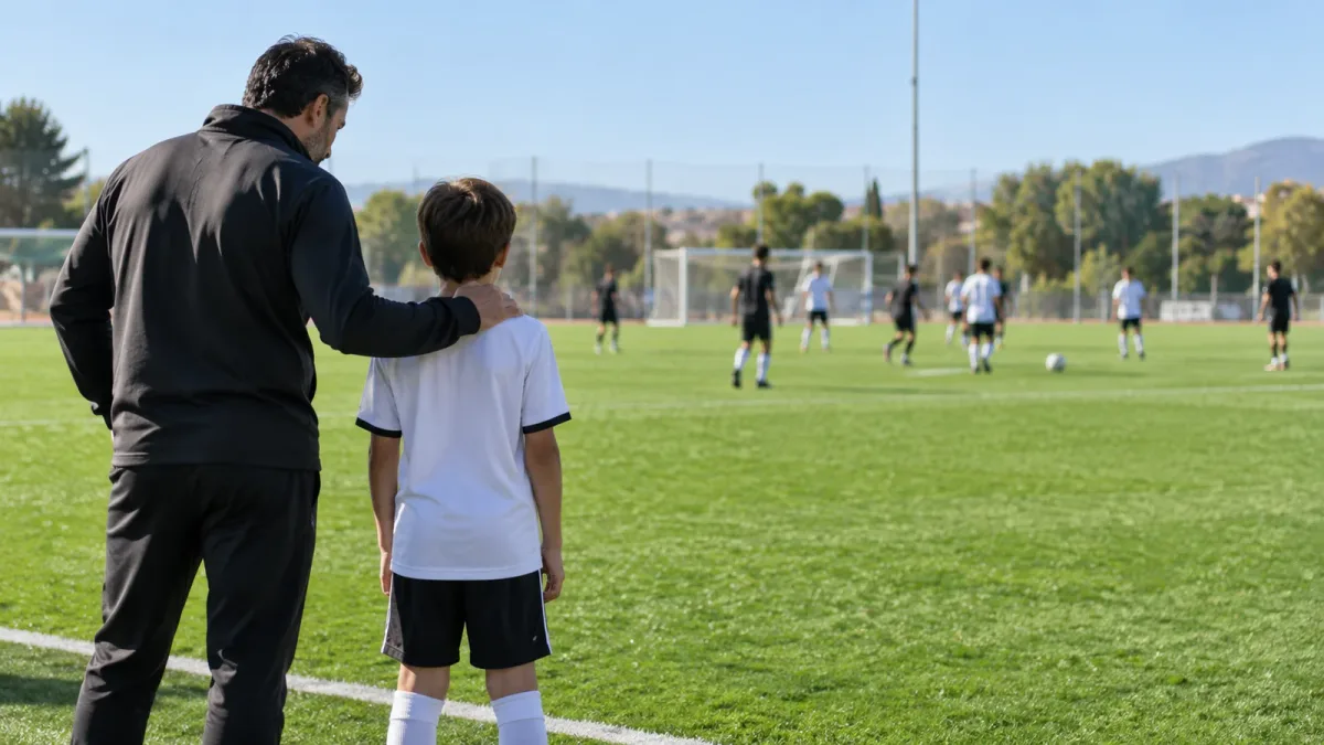 A grassroots football player training alongside visibly taller teammates on a grass pitch, illustrating the decision to move age category