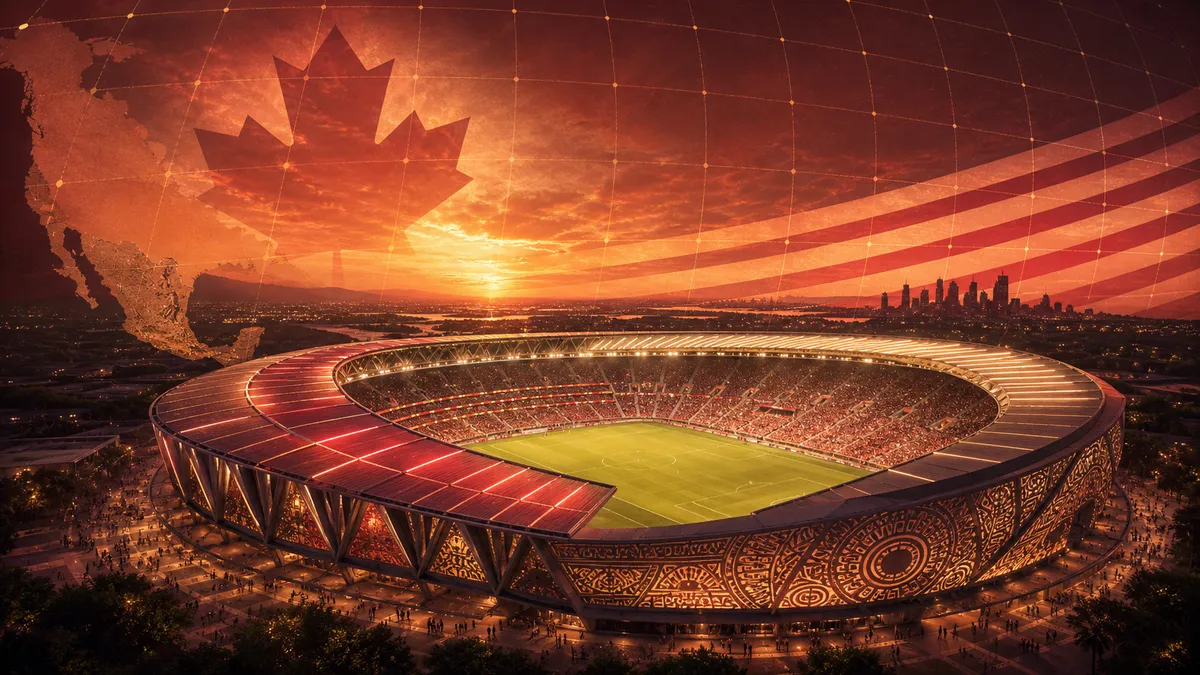 Estadio de fútbol moderno iluminado al atardecer en ángulo elevado, con motivos de la hoja de arce canadiense, las barras de la bandera de Estados Unidos y un sol azteca integrados en el cielo en tonos cálidos rojizos