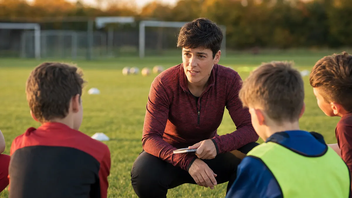 Young grassroots football coach talking to a group of players on the training pitch