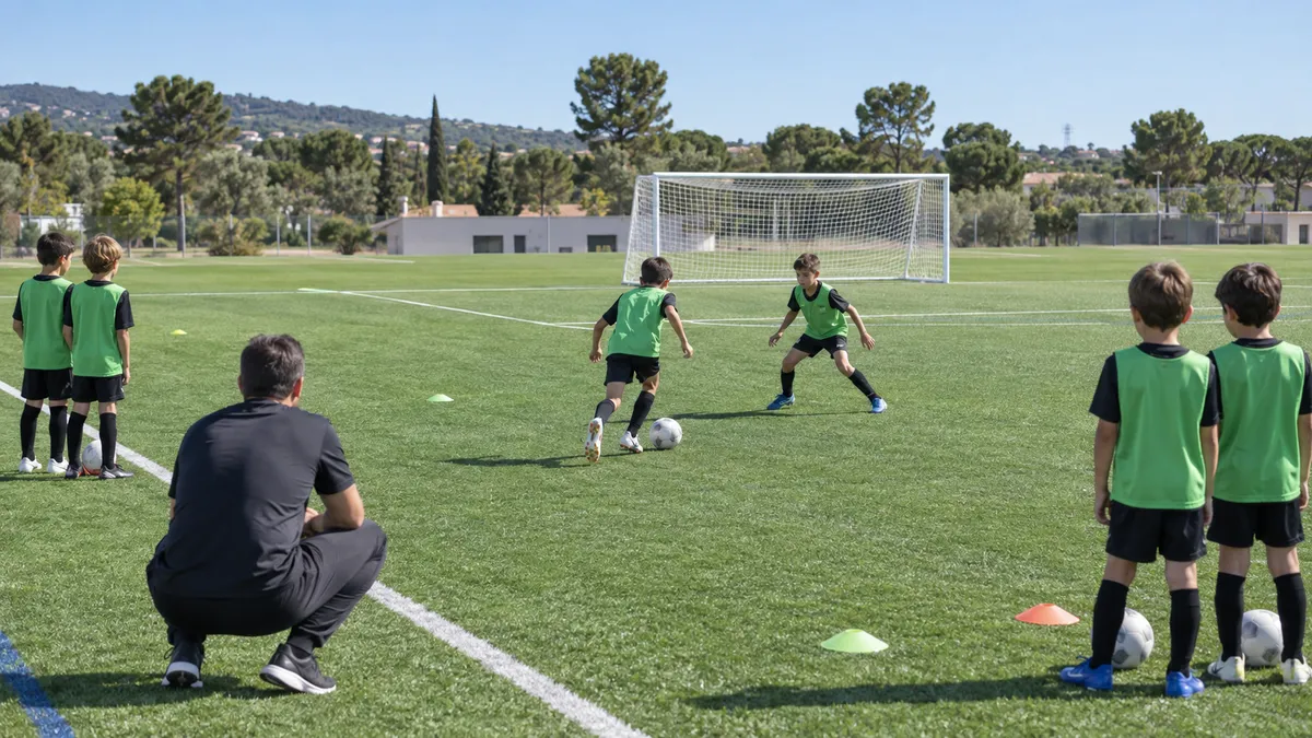 Eight- and nine-year-olds playing a 1v1 on a 7-a-side pitch while teammates wait their turn with a ball; the coach watches from the touchline with coloured cones on the grass