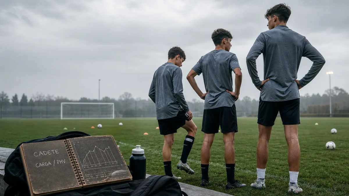 Group of 14-15 year-old cadete footballers training on an 11-a-side pitch, with visibly different heights among teammates of the same age