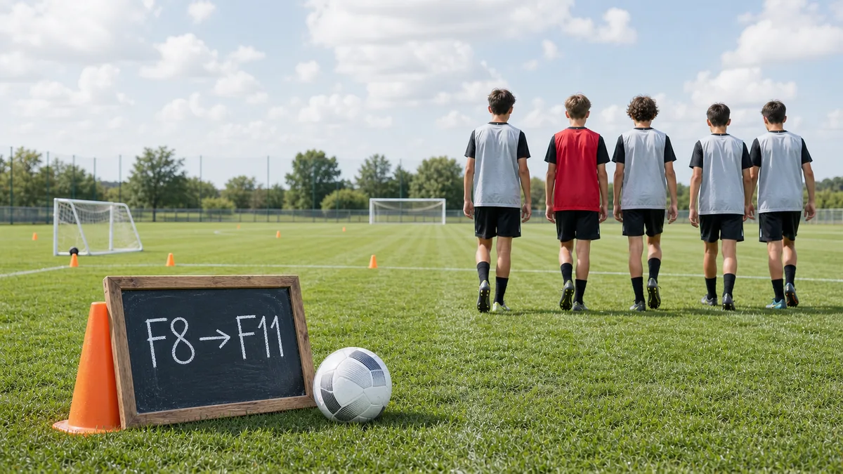 Jugadores de 12 a 13 años entrenando en un campo de fútbol 11 completo, con conos marcando líneas amplias y porterías reglamentarias al fondo