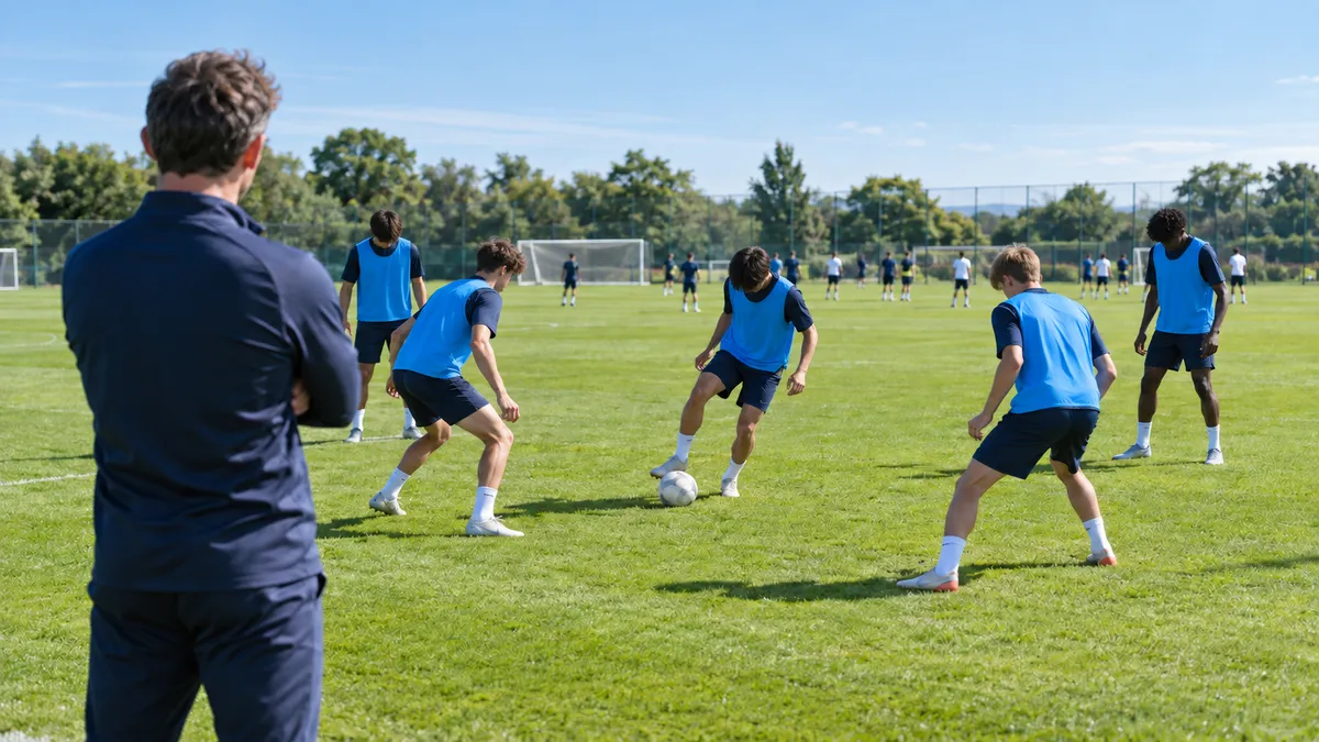 Youth players aged 16 to 18 in a possession rondo on an 11-a-side pitch while the coach, seen from behind, watches with the first team training in the background