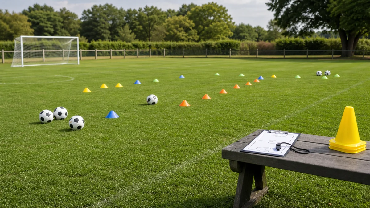 Grassroots football pitch with cones, small balls and a tactics board prepared for an under-7 session