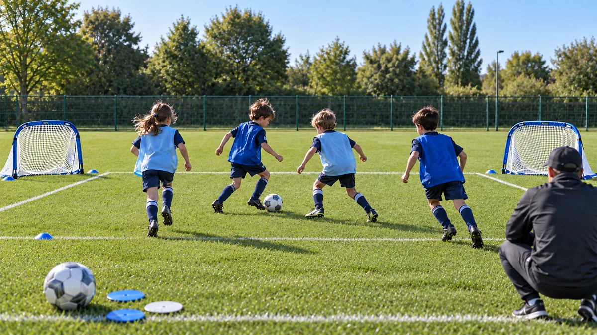 Six- and seven-year-olds playing 2v2 with small goals on a grass pitch while the coach crouches and watches; a ball and flat cones in the foreground
