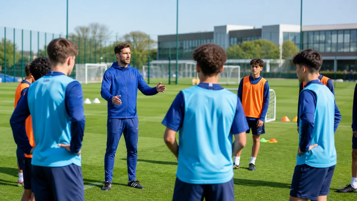 Coach in club tracksuit running an academy training session at a sports city facility