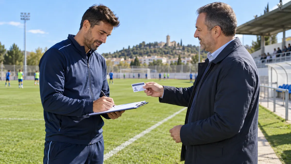 Football coach holding a UEFA licence reviewing a session plan by the touchline