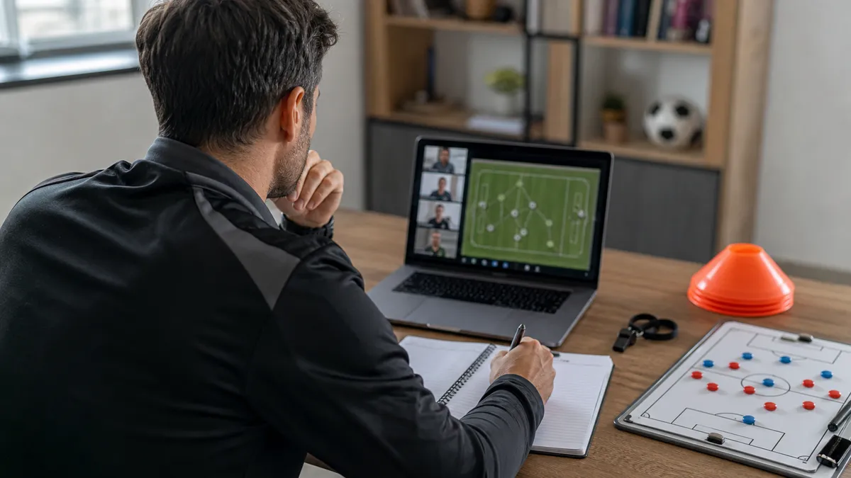 Entrenador de fútbol con ropa deportiva siguiendo una formación online desde un ordenador portátil