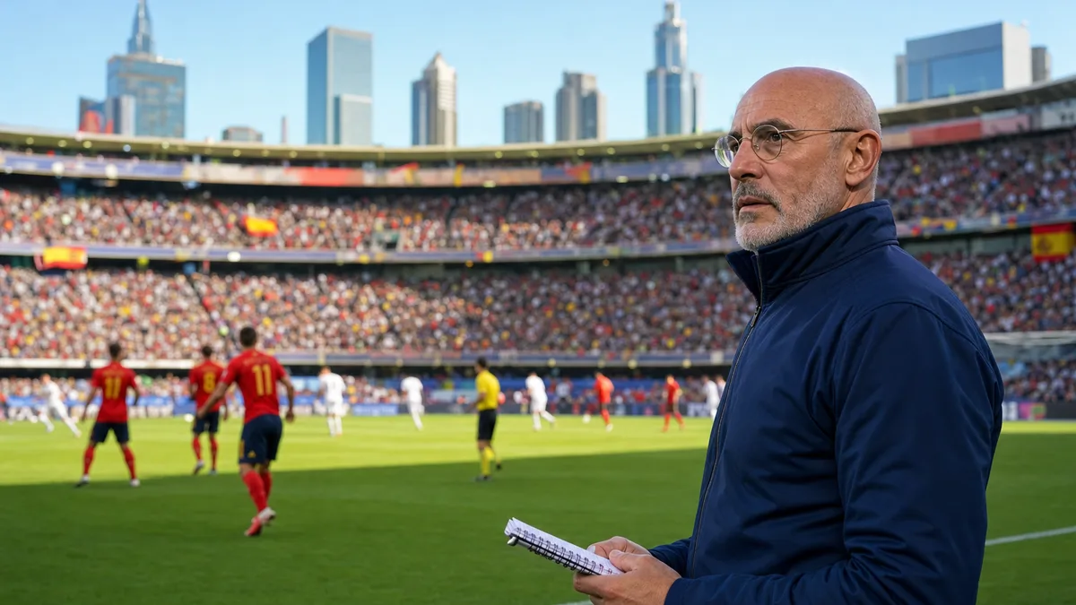 Luis de la Fuente holding a notebook pitchside while Spain play in front of a packed World Cup stadium crowd
