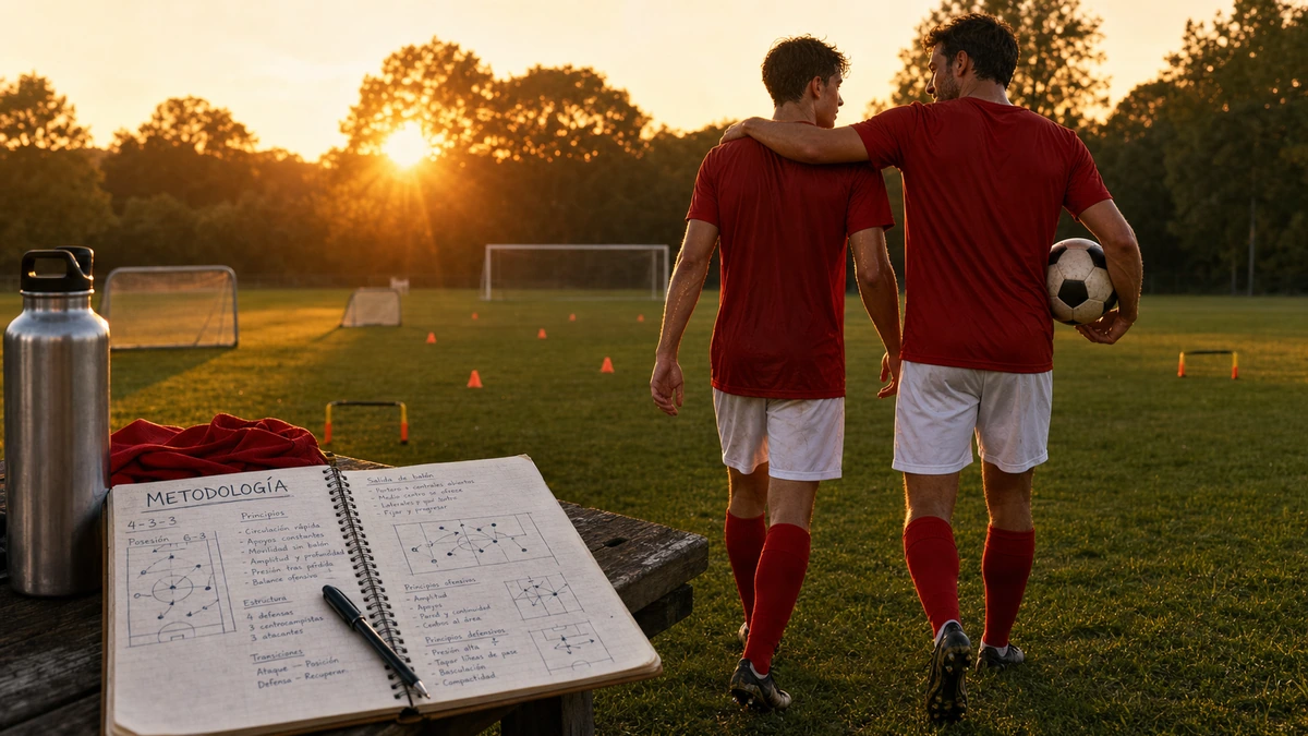 Conos y balones en un entrenamiento de fútbol formativo al atardecer