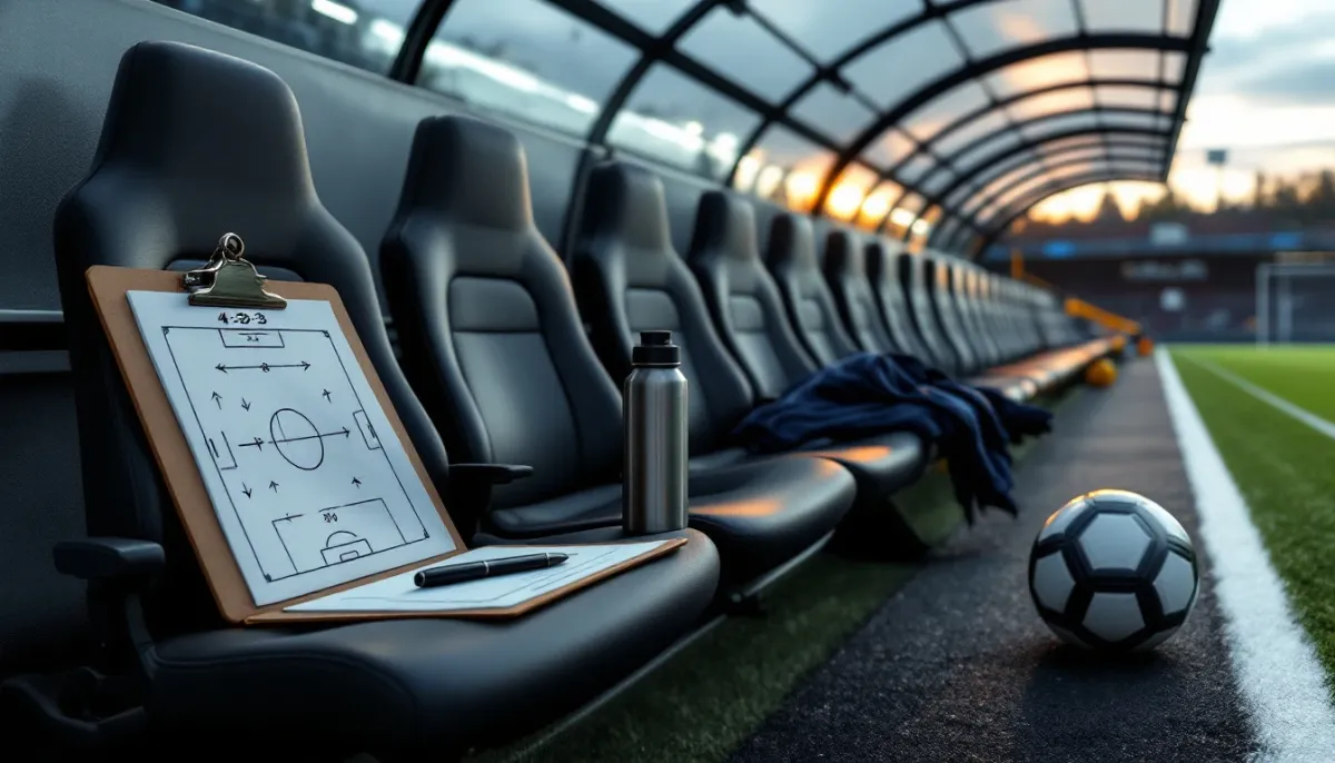 Dos chándales de entrenador colgados en un túnel de estadio iluminado al atardecer