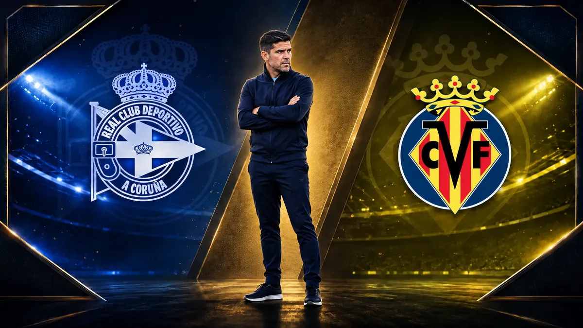 Antonio Hidalgo, Deportivo coach, with the Deportivo and Villarreal crests in the background