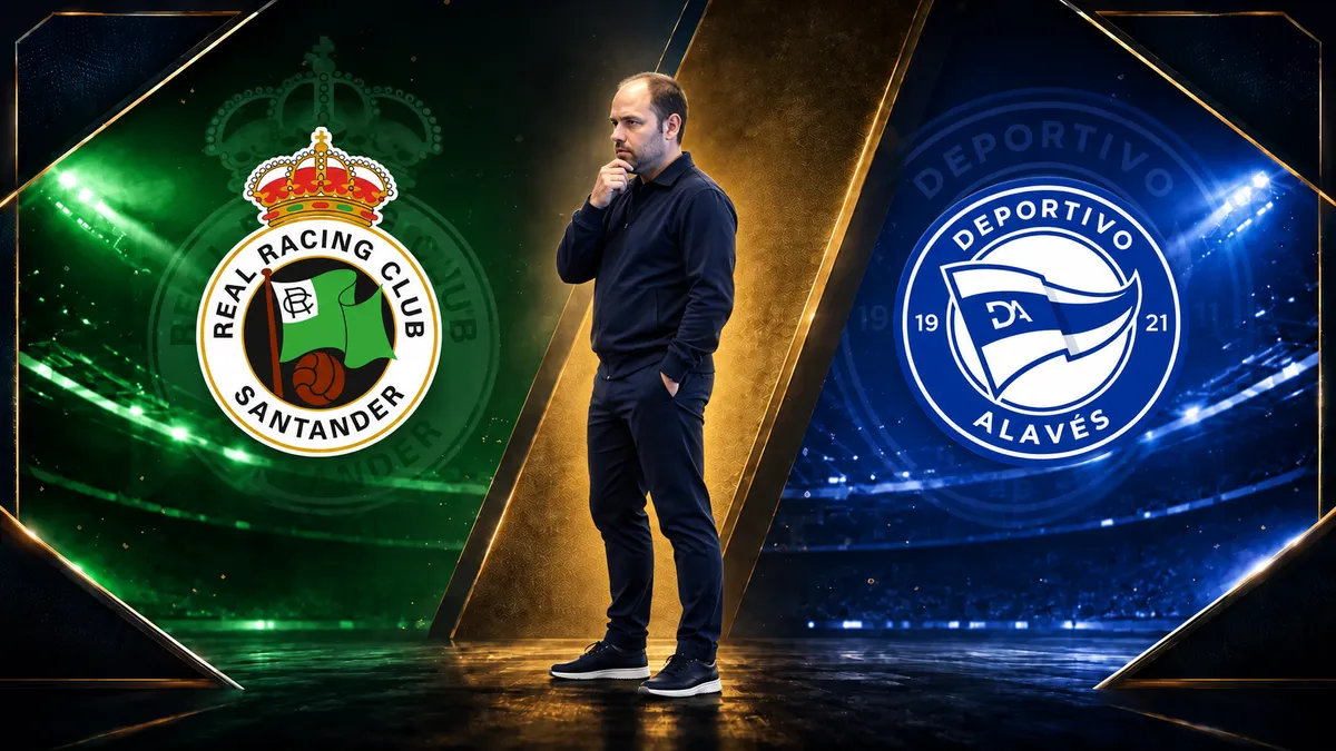 José Alberto López, Racing de Santander coach, with the Racing and Alavés crests in the background