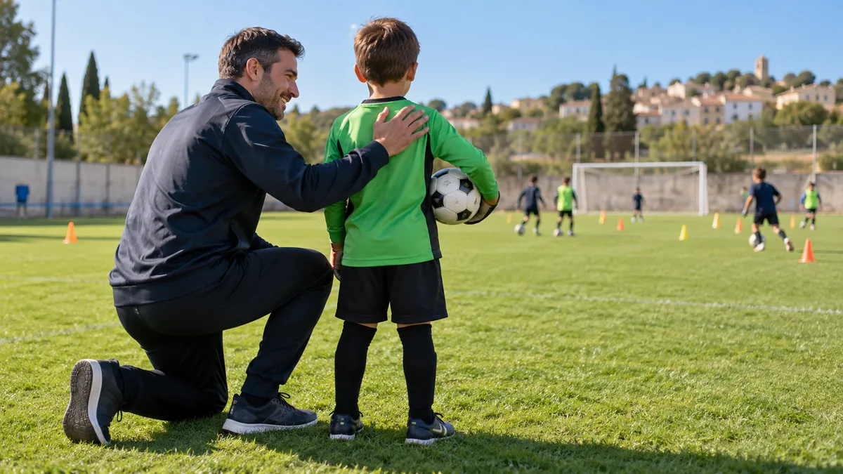 Grassroots coach running a session with the goalkeeper integrated into a rondo alongside the rest of the team