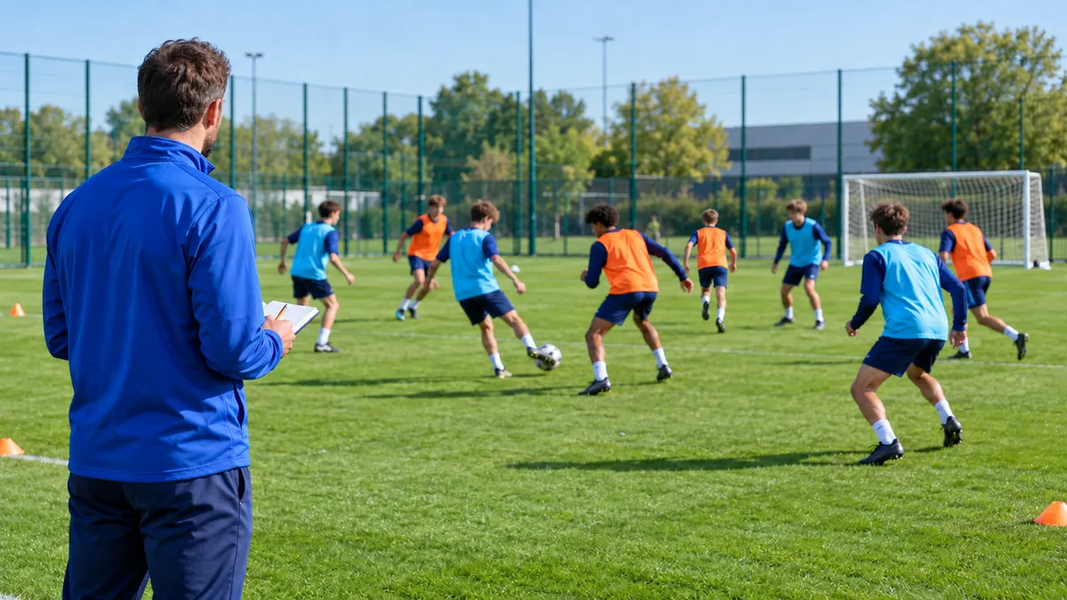 Entrenador de espaldas con una libreta observando un juego reducido de jugadores con petos en un campo de fútbol base a plena luz del día