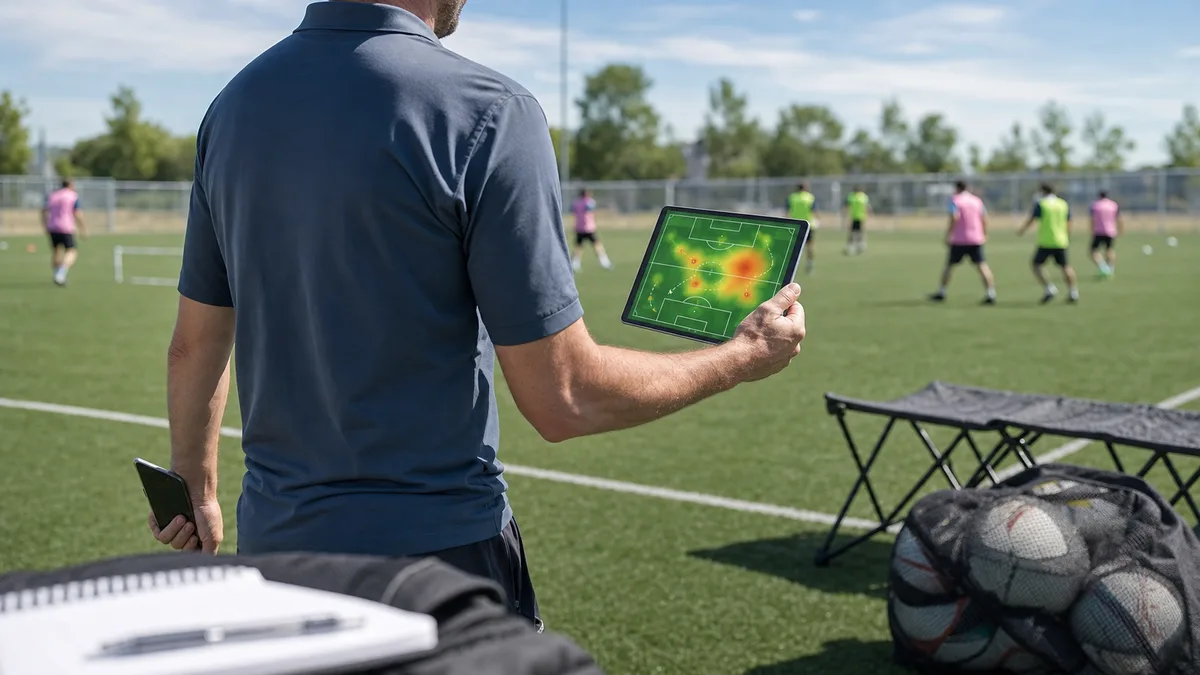 Entrenador amateur en la banda de un campo municipal de césped artificial a plena luz del día, revisando en una tablet un campograma con mapa de calor, móvil en la otra mano, material moderno, sin marcas