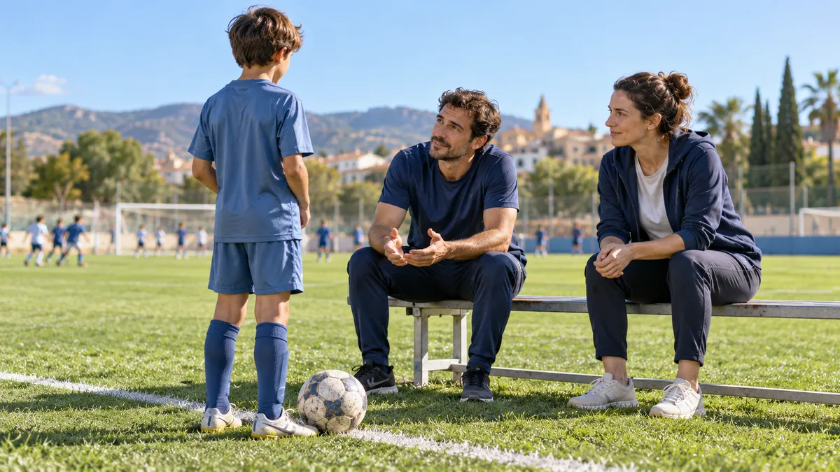 Entrenador de fútbol base hablando con un niño en la banda del campo con otro adulto al fondo