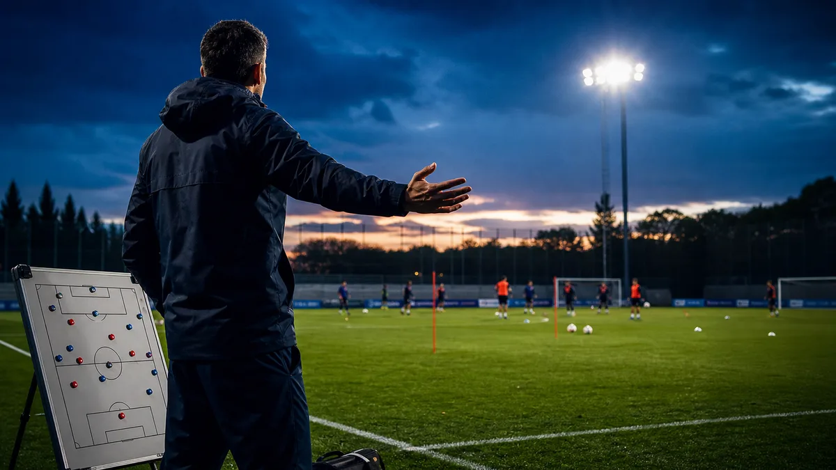 Entrenador de fútbol en una banda con pizarra táctica y ambiente competitivo