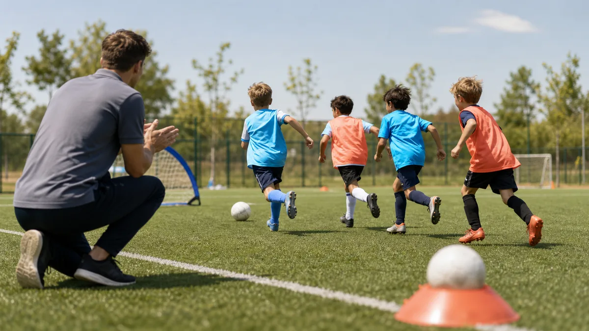 Entrenamiento de niños de 8 a 10 años a plena luz de día, juego reducido con porterías pequeñas, entrenador joven agachado a su altura sonriendo, material moderno