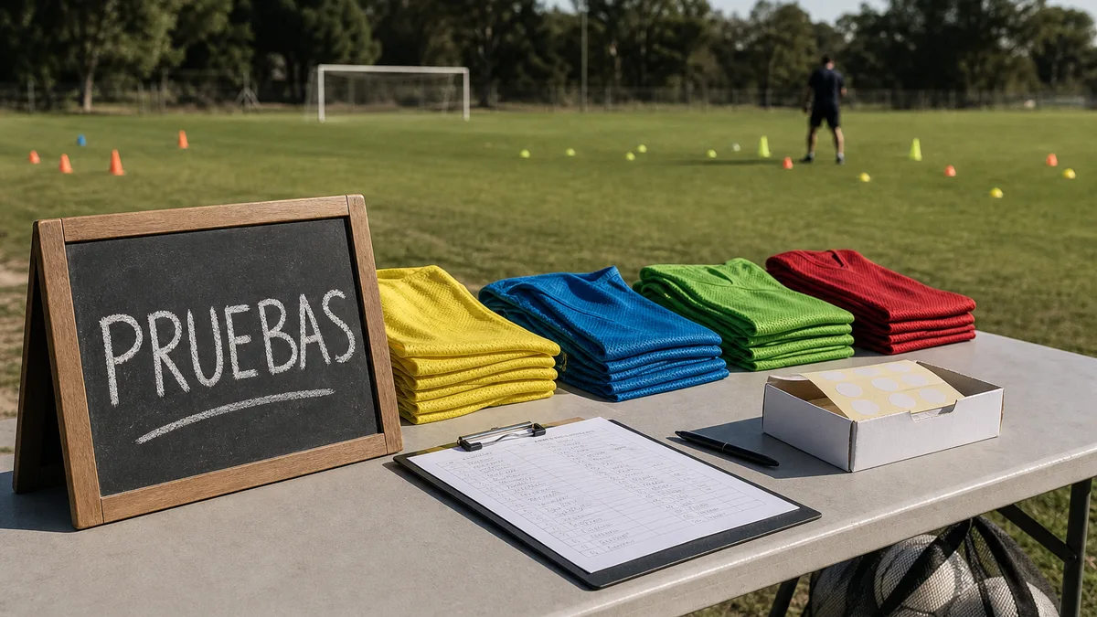 Coach organising a grassroots football scouting trial with numbered bibs on the pitch