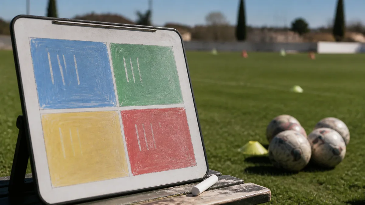 Tactics board showing a grassroots football season split into blocks from August to June