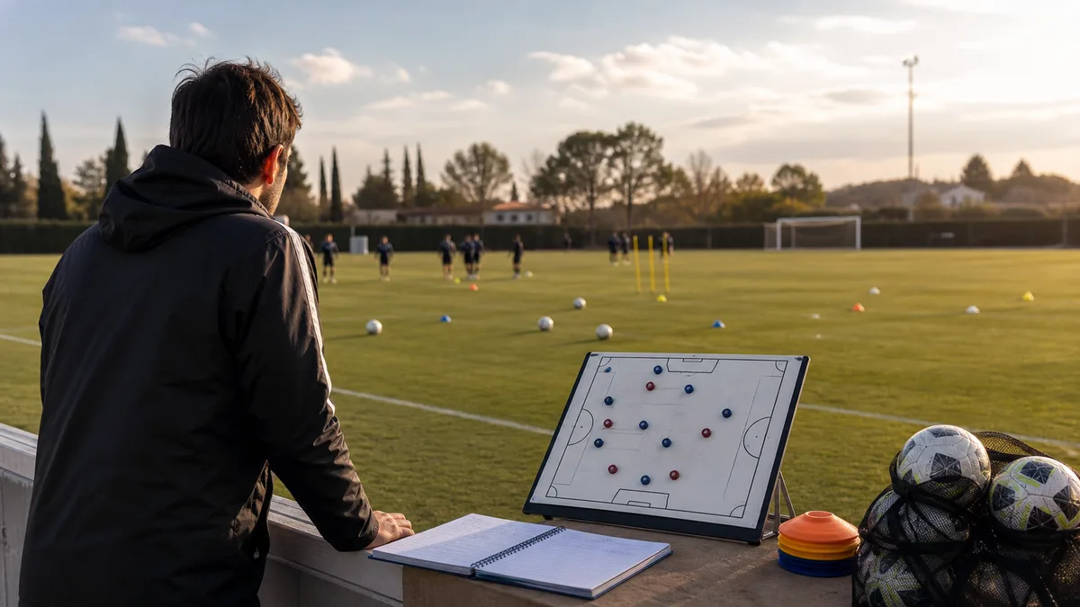 Coach checking a notebook before leading a trial session with a new team
