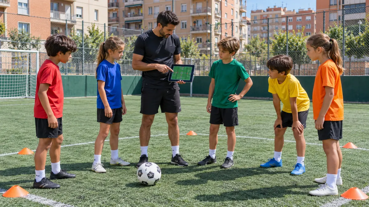 Coach standing with a group of children on an urban football pitch, showing a tactics diagram on a tablet during a coaching explanation