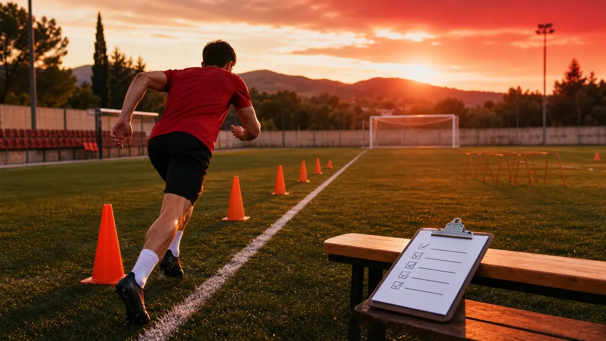 Campo de fútbol con conos y pizarra táctica preparado para pruebas de acceso a curso de entrenador