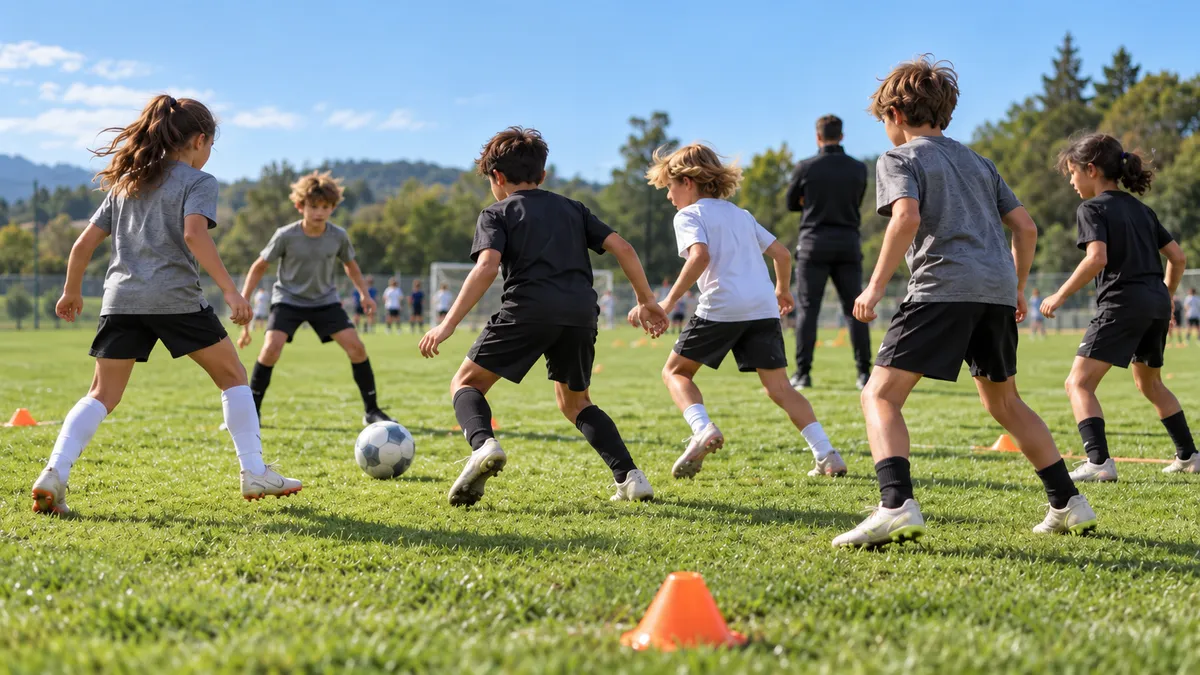 Youth football players training a rondo inside a cone-marked square on grass while a coach watches