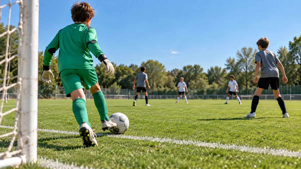 Entrenador de fútbol base y un grupo de niños de 10 años practicando la salida de balón desde el portero sobre césped, con conos que marcan los pasillos de salida