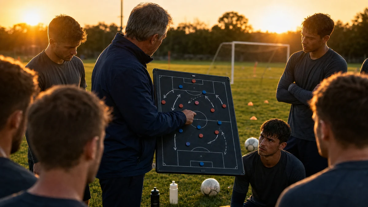 Pizarra táctica 4-3-3 sobre un campo de entrenamiento al atardecer