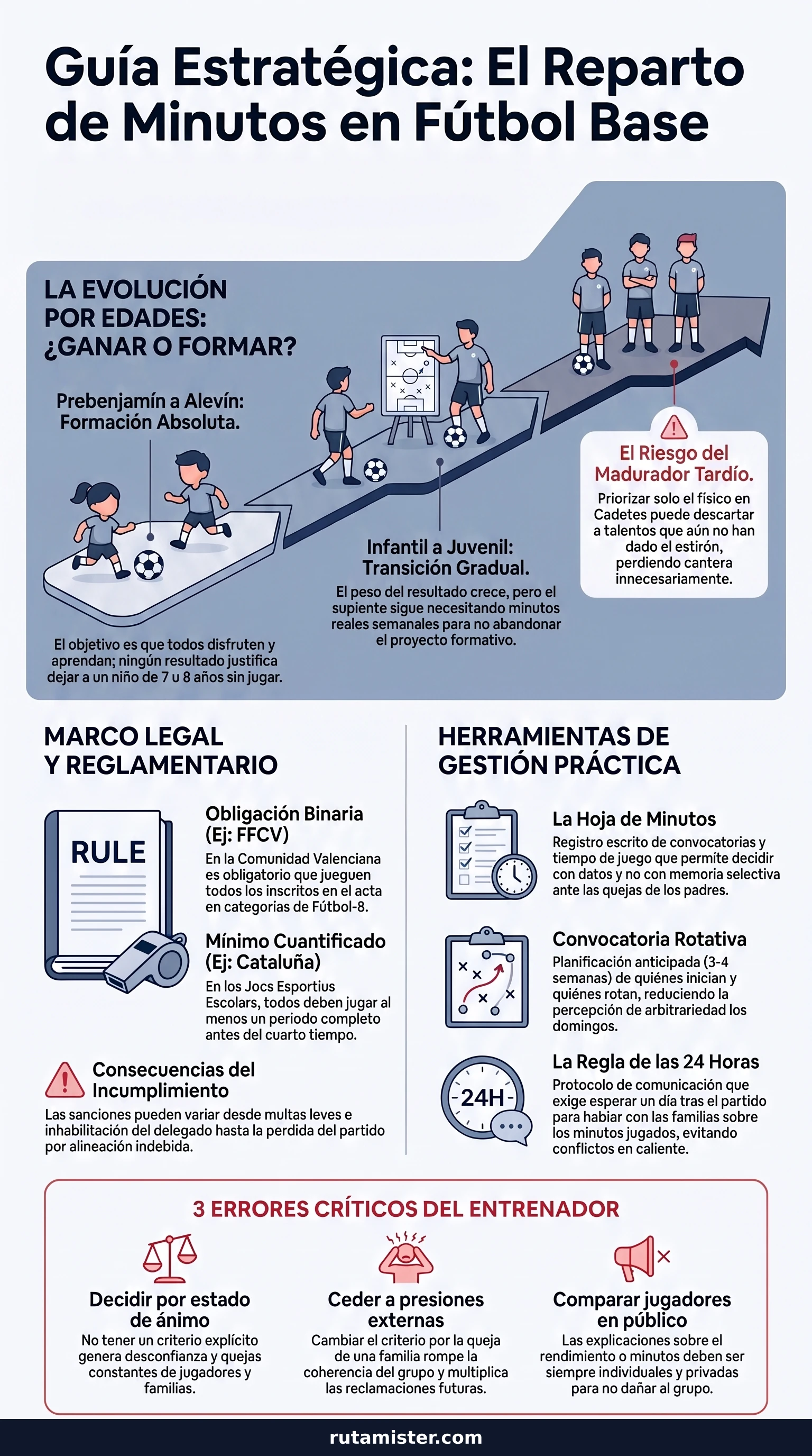 Infografía vertical sobre el reparto de minutos en fútbol base: evolución por edades, marco reglamentario, herramientas de gestión práctica y errores críticos del entrenador